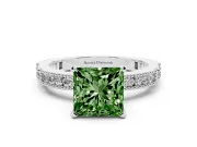 Fancy Green Princess Cut Diamond Solitaire Ring Set in White gold with Slim Pavé Band and Prong Setting