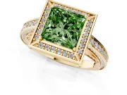 Fancy Green Princess Cut Diamond Halo Pavé Split Shank Ring Set in Yellow gold with Prong Setting