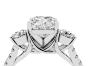 Three-Stone Cushion Cut Diamond Pavé Band Ring Set in Platinum with Prong-Set Trio