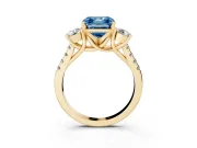 Fancy Blue Three-Stone Asscher Cut Diamond Pavé Band Ring Set in Yellow gold with Prong-Set Trio