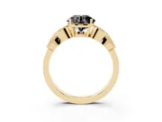 Fancy Black Round Cut Diamond Milgrain Leaf Band Solitaire Ring Set in Yellow gold with Accent Stones and Prong Setting
