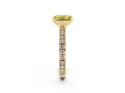 Fancy Yellow Emerald Cut Diamond Solitaire Ring Set in Yellow gold with Slim Pavé Band and Prong Setting
