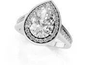 Pear Cut Diamond Halo Solitaire Ring Set in Platinum with Pavé Band and Bezel Setting