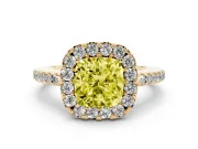 Cushion Cut Pave Halo Engagement Ring Setting for a Fancy Yellow Lab-Grown Diamond | Pave Band | Yellow Gold