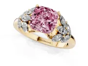 Fancy Pink Cushion Cut Diamond Cluster Leaf Design Ring Set in Yellow gold with Prong Setting