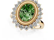 Fancy Green Oval Cut Diamond Halo Ring Set in Yellow gold with Milgrain Edge and Round Prong Setting