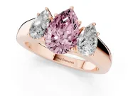 Fancy Pink Three-Stone Pear Cut Diamond Ring Set in Rose gold with Matching Prong Settings and Plain Band