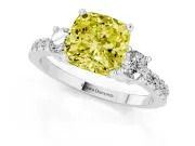 Fancy Yellow Three-Stone Cushion Cut Diamond Pavé Band Ring Set in Silver with Prong Setting