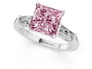 Fancy Pink Princess Cut Diamond Solitaire Ring Set in Silver with Tapered Baguette Side Stones and Prong Setting