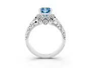 Fancy Blue Cushion Cut Diamond Filigree Halo Engagement Ring Set in White gold with Prong Setting