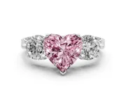 Fancy Pink Heart Cut Diamond Three-Stone Ring Set in Platinum with Milgrain Band