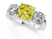 Cushion Cut Three Stone Engagement Ring Setting for a Fancy Yellow Lab-Grown Diamond | Wide Plain Band | Platinum