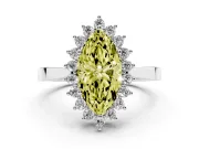 Fancy Yellow Marquise Cut Diamond Halo Ring Set in White gold with Round Halo and Smooth Solitaire Band