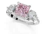 Princess Cut Three Stone Engagement Ring Setting for a Fancy Pink Lab-Grown Diamond | Tapered Pave Band | White Gold