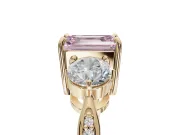 Emerald Cut Three Stone Engagement Ring Setting for a Fancy Pink Lab-Grown Diamond | Tapered Pave Band | Yellow Gold