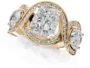 Radiant Cut Three Stone Halo Engagement Ring Setting | Pavé Wave Band | Yellow Gold