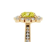 Fancy Yellow Cushion Cut Diamond Halo Milgrain Pavé Ring Set in Yellow gold with Prong Setting