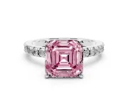 Fancy Pink Asscher Cut Diamond Pavé Band Solitaire Set in Platinum with Prong Setting