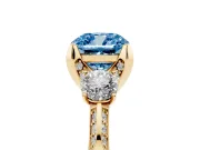 Cushion Cut Hidden Halo Three Stone Engagement Ring Setting for a Fancy Blue Lab-Grown Diamond | Yellow Gold