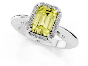 Fancy Yellow Emerald Cut Diamond Halo Engagement Ring Set in White gold with Plain Split Shank and Prong Setting