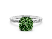 Fancy Green Cushion Cut Diamond Solitaire Engagement Ring Set in Silver with Round Pavé Band and Prong Setting