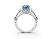 Fancy Blue Round Cut Diamond Vintage-Inspired Milgrain Ring Set in Platinum with Accent Split Shank