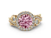 Fancy Pink Round Cut Diamond Halo Ring Set in Yellow gold with Milgrain Pavé Band and Prong Setting