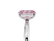 Fancy Pink Emerald Cut Diamond Solitaire Ring Set in White gold with Prong Setting on a Polished Plain Band