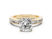 Cushion Cut Diamond Solitaire Ring Set in Yellow gold with Channel-Set Baguette Band and Prong Setting