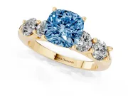Cushion Cut Five Stone Engagement Ring Setting for a Fancy Blue Lab-Grown Diamond | Prong Set Side Stones | Yellow Gold