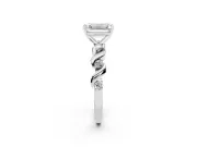 Emerald Cut Diamond Solitaire Ring Set in Silver with Ribbon Twist Band, Round Accents and Prong Setting