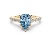Fancy Blue Pear Cut Diamond Solitaire Ring Set in Yellow gold with Brilliant Pavé Band and Prong Setting