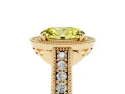 Fancy Yellow Oval Cut Diamond Halo Ring Set in Yellow gold with Round Accent Halo, Pavé Band and Prong Setting