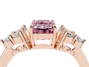 Fancy Pink Emerald Cut Diamond Solitaire Ring Set in Rose gold with Cluster Accents on Each Side