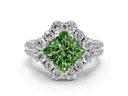 Fancy Green Princess Cut Diamond Halo Engagement Ring Set in White gold with Split Shank and Prong Setting