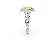 Fancy Yellow Marquise Cut Diamond Halo Ring Set in Platinum with Scrollwork Band and Prong Setting