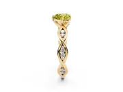 Fancy Yellow Heart Cut Diamond Twist Band Solitaire Ring Set in Yellow gold with Leaf Prong Setting and Accent Stones
