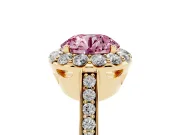 Fancy Pink Round Cut Diamond Floral Halo Ring Set in Yellow gold with Pavé Band and Prong Setting
