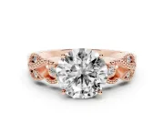 Round Cut Diamond Milgrain Leaf Band Solitaire Ring Set in Rose gold with Accent Stones and Prong Setting