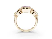 Cushion Cut Three Stone Halo Engagement Ring Setting for a Fancy Pink Lab-Grown Diamond | Bezel Set | Yellow Gold
