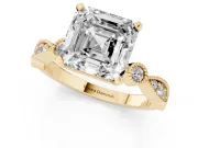 Asscher Cut Diamond Solitaire Engagement Ring Set in Yellow gold with Milgrain Bezel Accent Band