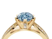 Fancy Blue Marquise Cut Diamond Solitaire Ring Set in Yellow gold with Milgrain Double Row Round Pavé Band