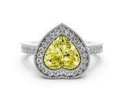 Fancy Yellow Heart Cut Diamond Halo Ring Set in White gold with Pavé Band and Milgrain-Edged Prongs