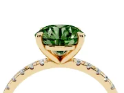 Fancy Green Round Cut Diamond Brilliant Solitaire Ring Set in Yellow gold with Pavé Band and Prong Setting