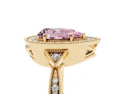 Fancy Pink Pear Cut Diamond Halo Engagement Ring Set in Yellow gold with Milgrain Pavé Band