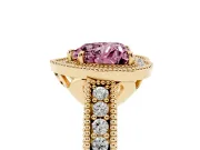 Fancy Pink Heart Cut Diamond Halo Ring Set in Yellow gold with Round Accent Halo, Pavé Band and Prong Setting