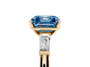 Fancy Blue Asscher Cut Diamond Solitaire Ring Set in Yellow gold with Tapered Baguette Side Stones and Prong Setting