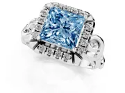Fancy Blue Princess Cut Diamond Halo Ring Set in Platinum with Scrollwork Band and Prong Setting