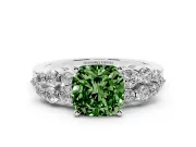 Fancy Green Cushion Cut Diamond Cluster Engagement Ring Set in White gold with Pavé Band and Prong Setting