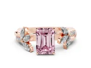 Fancy Pink Emerald Cut Diamond Floral Vine Solitaire Engagement Ring Set in Rose gold with Marquise Leaves